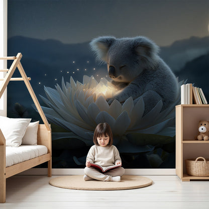 Kids-Mundo koala wall mural in a calm nursery with a cot and a glowing moonlit lotus scene