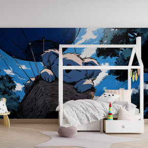 Whimsical koala hot air balloon mural wallpaper for calming baby room decor by Kids-Mundo