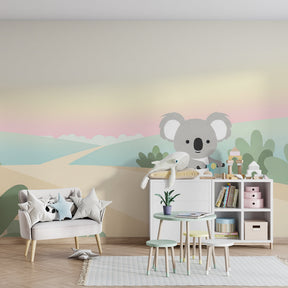 Cute koala mural wallpaper transforming baby bedroom into magical adventure space