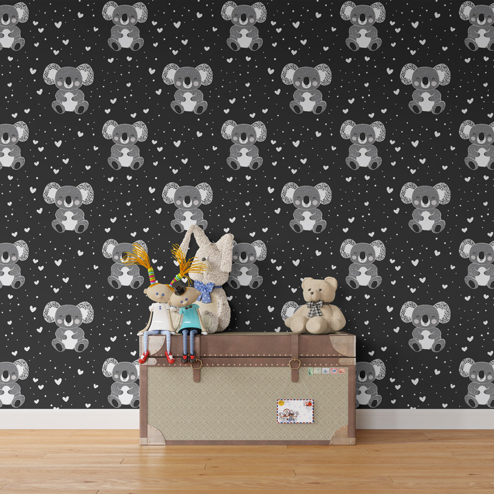 Children's bedroom featuring koala animal wallpaper with heart motifs and playful Australian theme