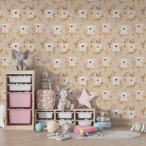 Australian koala wallpaper in children's bedroom with natural wood furniture and soft lighting