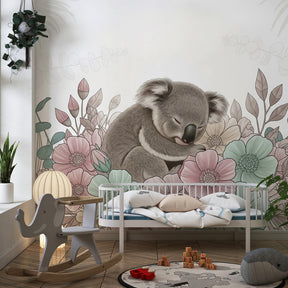 Peaceful koala wallpaper creating serene children's bedroom atmosphere with natural wood furniture