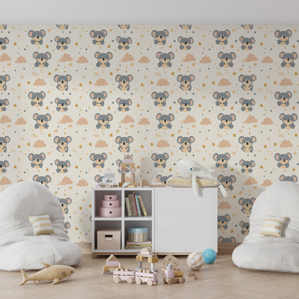 Adorable koala wallpaper creating peaceful children's bedroom atmosphere with star motifs