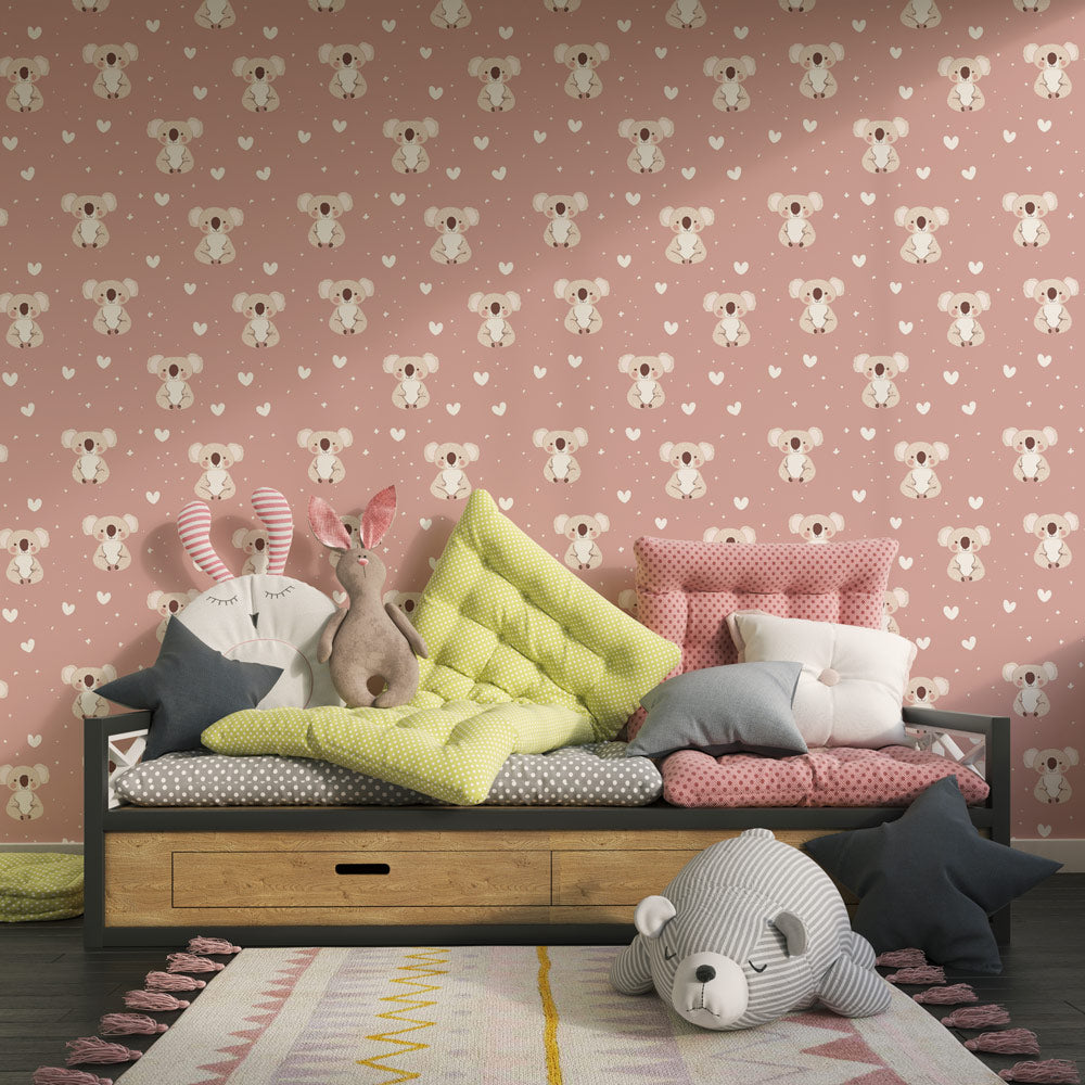 Adorable koala wallpaper transforming children's bedroom with soft pink animal theme