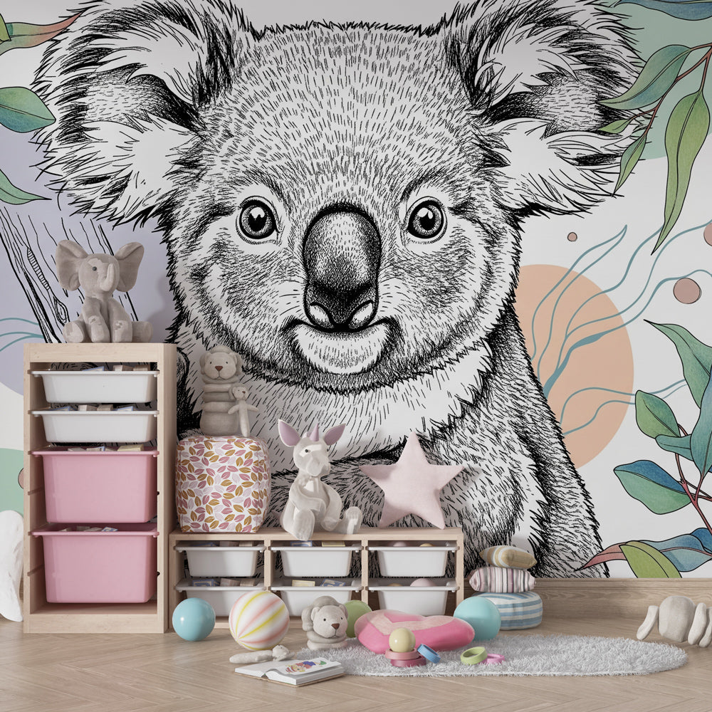 Playful koala wallpaper creating peaceful children's bedroom atmosphere with pastel tones