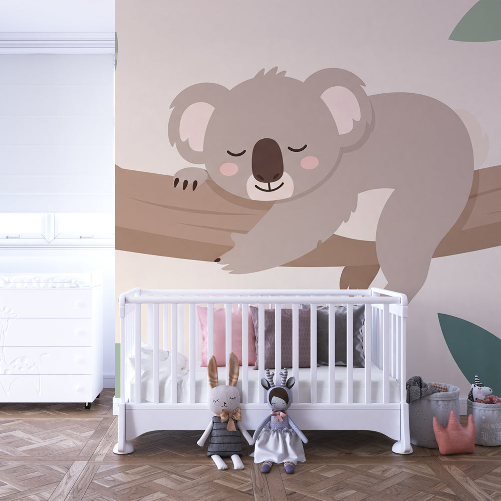 Koala animal wallpaper creating calm atmosphere in children's bedroom with soft lighting