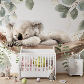 Australian koala wallpaper with green eucalyptus leaves in contemporary nursery setting