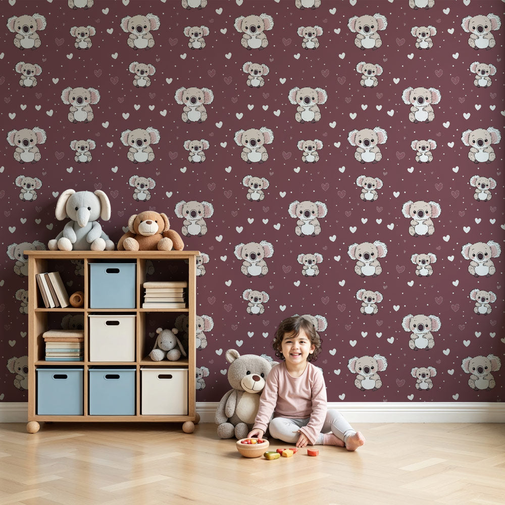 Koala mural wallpaper with hearts creating cozy burgundy nursery decor by Kids-Mundo