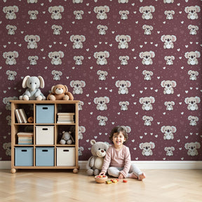 Koala mural wallpaper with hearts creating cozy burgundy nursery decor by Kids-Mundo