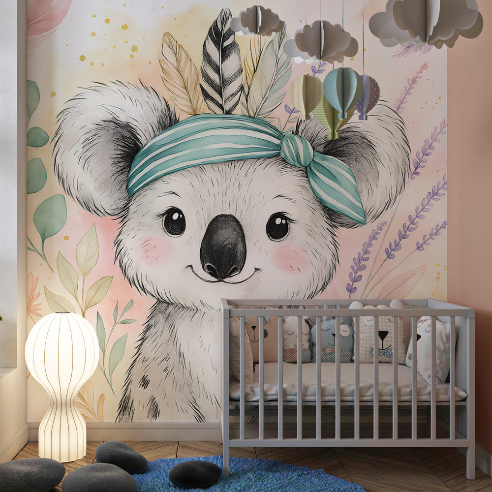 Koala animal wallpaper creating cozy atmosphere in children's bedroom with natural decor