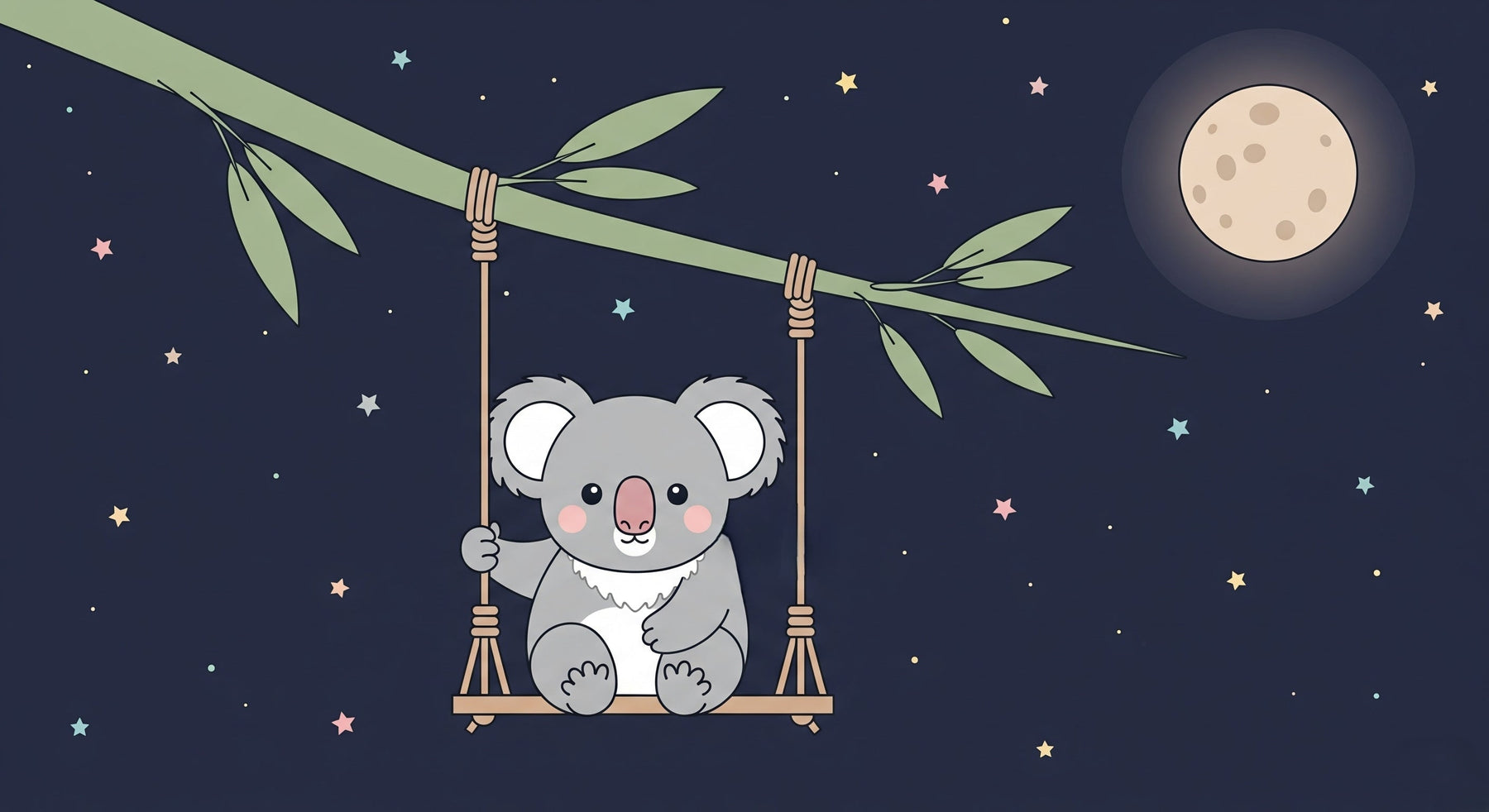 Detailed koala under stars mural wallpaper design pattern with midnight blue background by Kids-Mundo