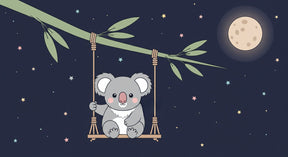 Detailed koala under stars mural wallpaper design pattern with midnight blue background by Kids-Mundo