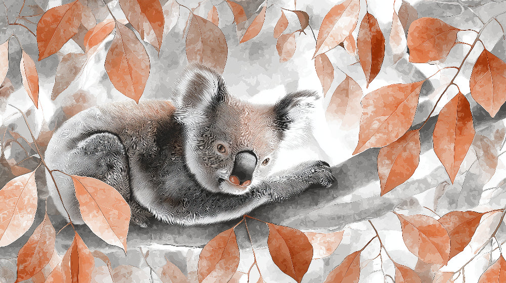 Detailed koala mural wallpaper design pattern with foliage by Kids-Mundo