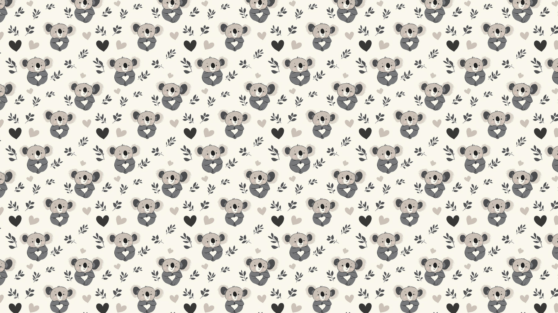 Detailed koala mural wallpaper design pattern with hearts and eucalyptus leaves by Kids-Mundo