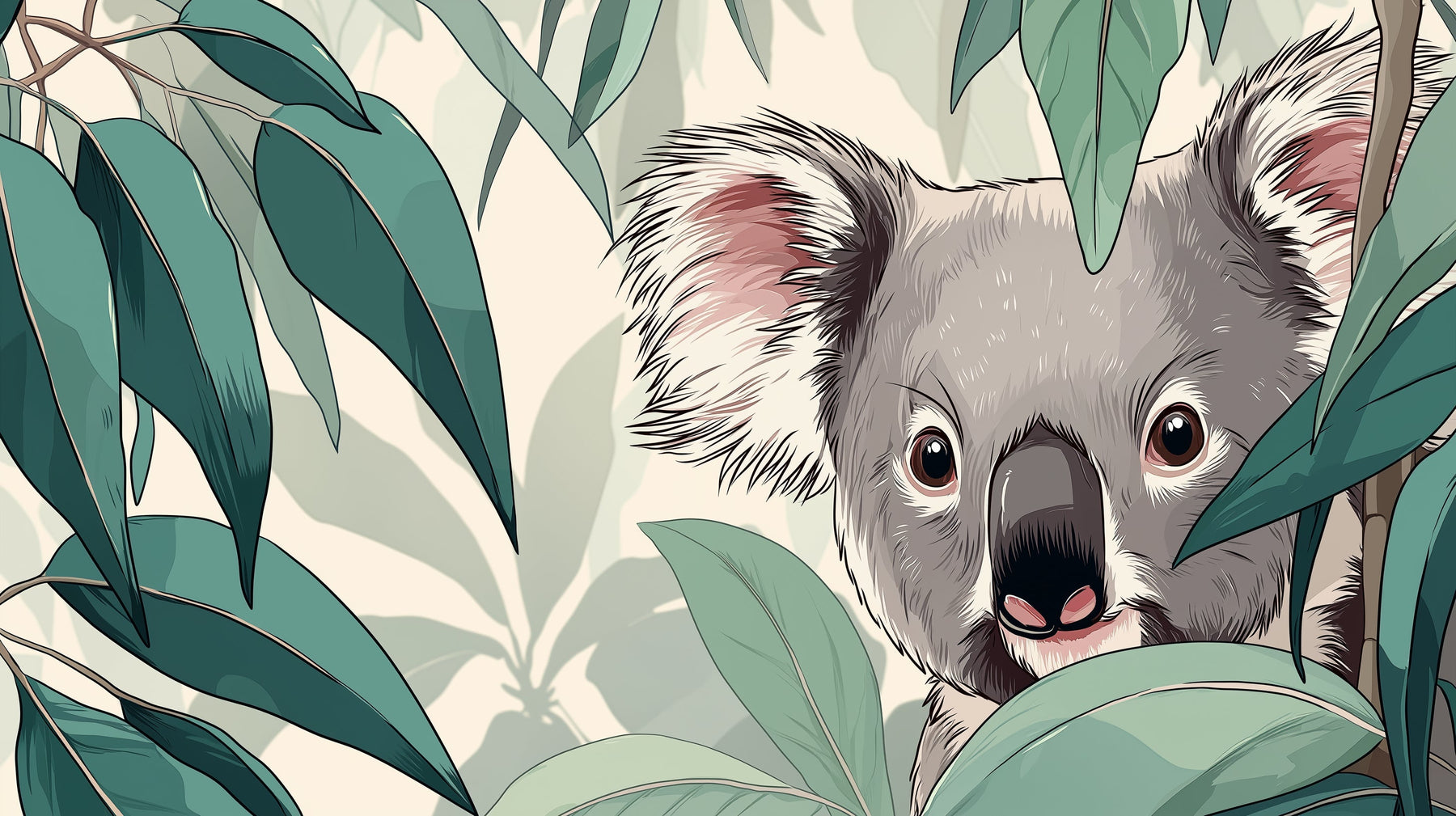 Detailed koala and foliage mural wallpaper design pattern showing botanical elements by Kids-Mundo