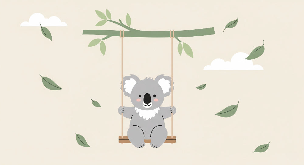 Detailed koala swing mural wallpaper design pattern with floating leaves by Kids-Mundo