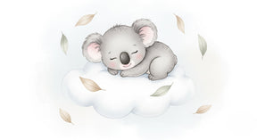 Detailed koala sleeping on cloud mural wallpaper design pattern with floating leaves by Kids-Mundo
