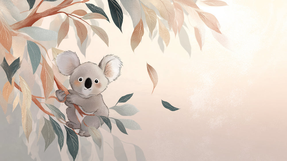 Detailed koala mural wallpaper design pattern with soft foliage by Kids-Mundo