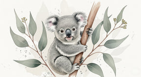 Detailed koala and eucalyptus leaves mural wallpaper design pattern by Kids-Mundo