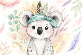 Detailed koala mural wallpaper design pattern with striped headband and botanical elements by Kids-Mundo