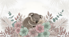 Detailed koala mural wallpaper design pattern showing sleeping animal among eucalyptus flowers by Kids-Mundo