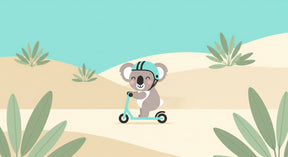 Detailed koala scooter adventure mural wallpaper design pattern with palm trees and sandy dunes by Kids-Mundo