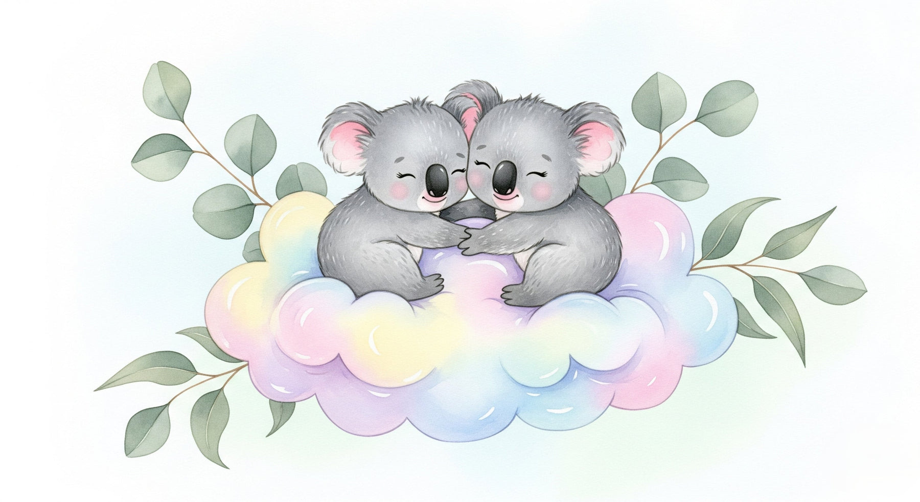 Detailed koala on cloud mural wallpaper design pattern showing eucalyptus leaves by Kids-Mundo