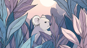 Detailed koala among lush leaves mural wallpaper design pattern with soft color palette by Kids-Mundo