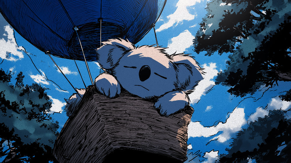 Detailed koala air balloon mural wallpaper design pattern with clouds and foliage by Kids-Mundo