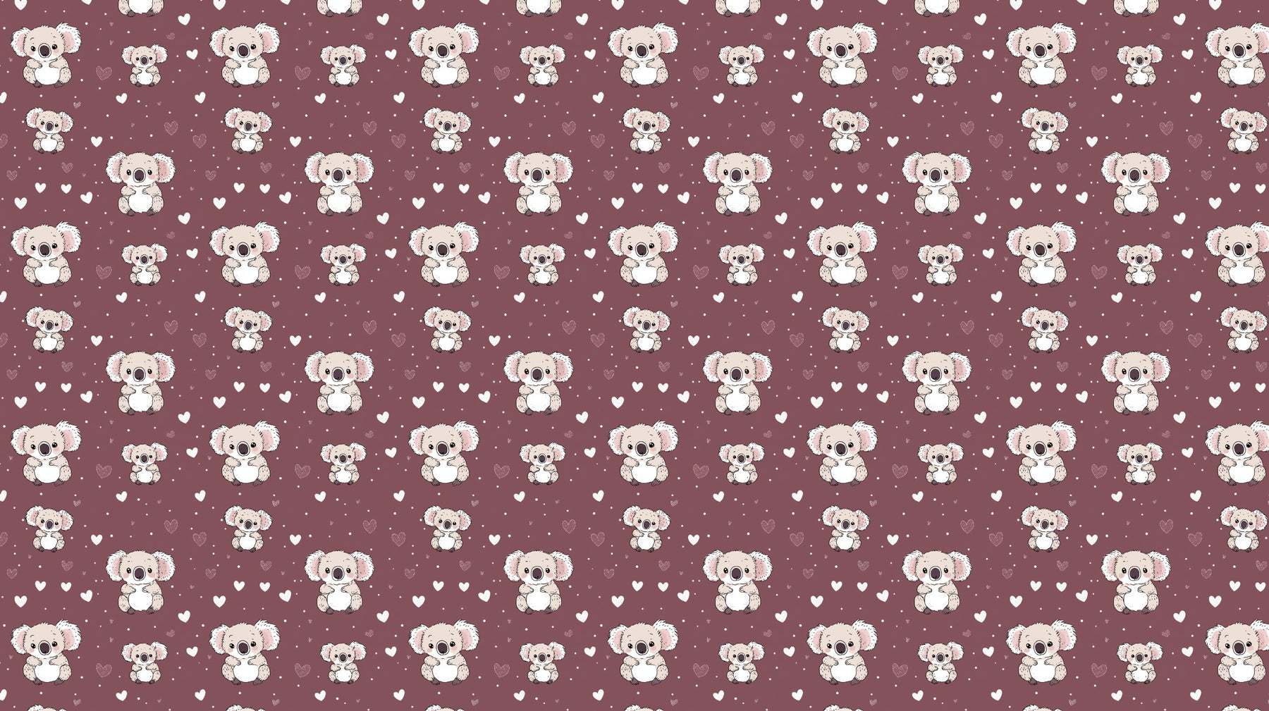 Detailed koala and hearts mural wallpaper design pattern on burgundy background by Kids-Mundo