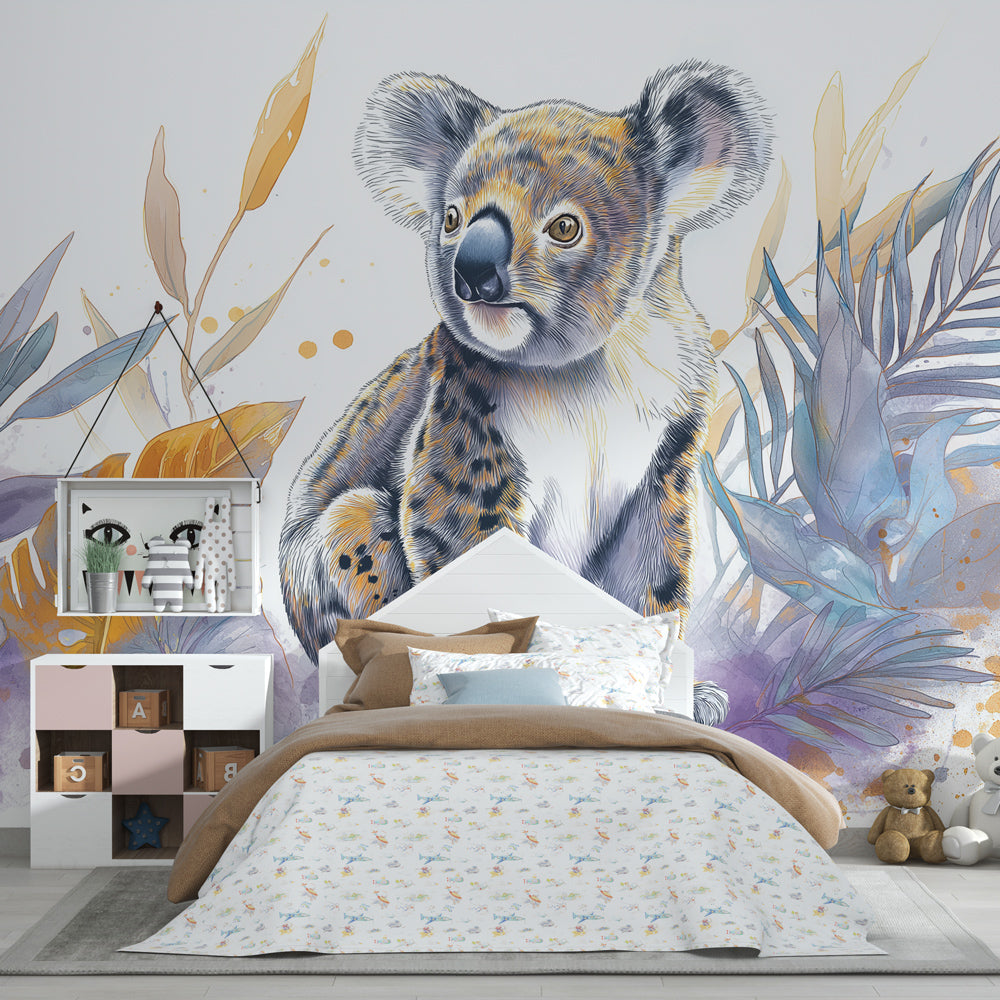 Australian koala wallpaper creating peaceful children's bedroom decor with tropical leaves