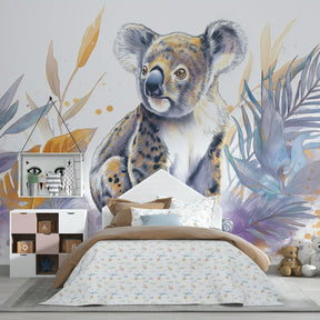 Australian koala wallpaper creating peaceful children's bedroom decor with tropical leaves