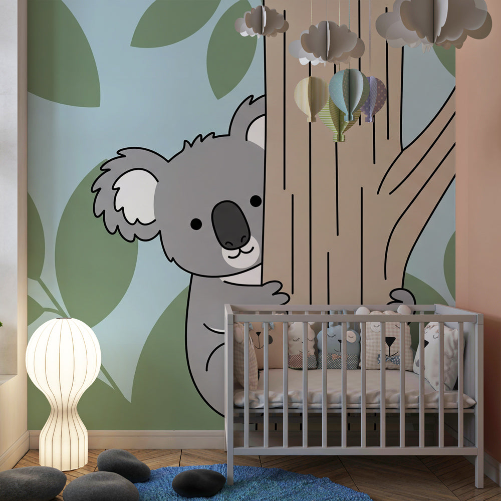 Playful koala tree climber wallpaper creating cozy children's bedroom atmosphere