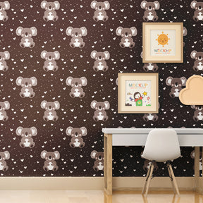 Modern kids room with koala mural wallpaper showcasing gentle animals and sophisticated black backdrop