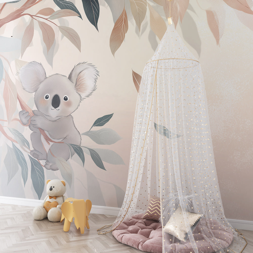 Animal mural wallpaper for children featuring koala in branches with natural wood furniture