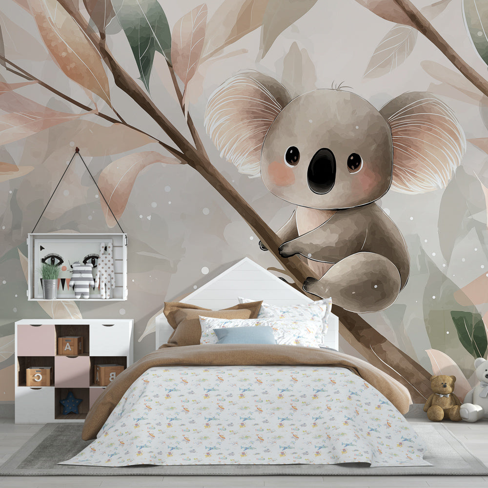 Animal theme koala wallpaper with watercolor leaves in kids room by Kids-Mundo