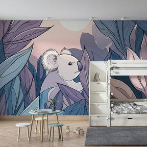 Botanical koala mural wallpaper transforming children's space with calming blue and green colors
