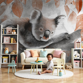 Koala mural wallpaper in modern nursery with natural wood furniture by Kids-Mundo