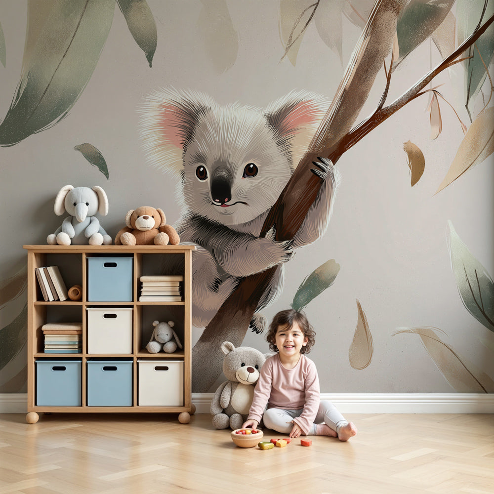 Cute koala mural wallpaper in modern nursery with natural wood crib by Kids-Mundo