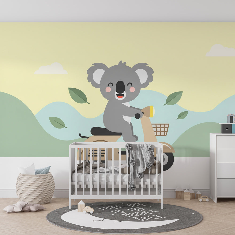Gentle koala scooter wallpaper creating peaceful nursery atmosphere with rolling hills backdrop