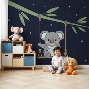 Koala starry night mural wallpaper in modern baby nursery with crib and natural decor by Kids-Mundo
