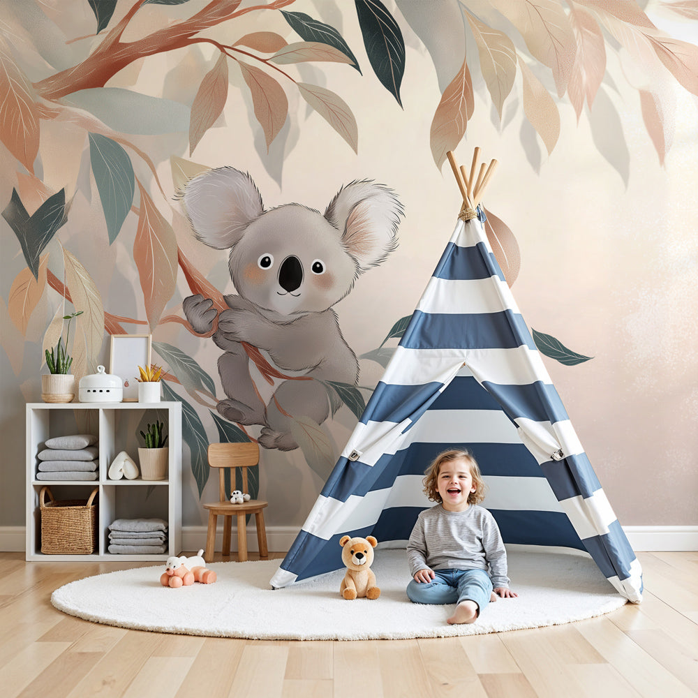 Koala mural wallpaper creating peaceful nursery atmosphere with soft pastel tones by Kids-Mundo