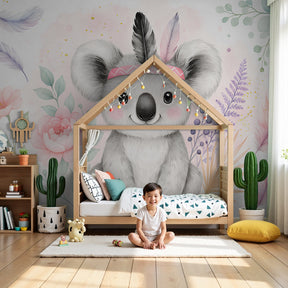 Cute koala mural wallpaper with flowers creating gentle nursery decor by Kids-Mundo