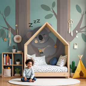 Sleeping koala mural wallpaper creating peaceful nursery decor in modern kids room by Kids-Mundo