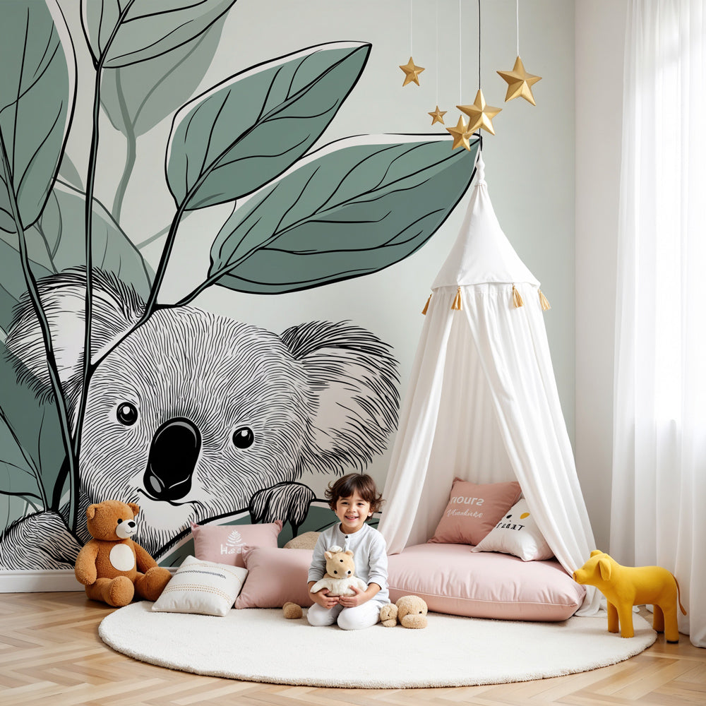 Koala hide and seek mural wallpaper in modern nursery with natural wood crib by Kids-Mundo
