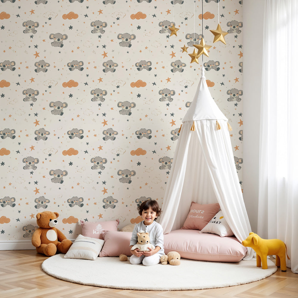Koala mural wallpaper with starry sky design in modern nursery setting by Kids-Mundo
