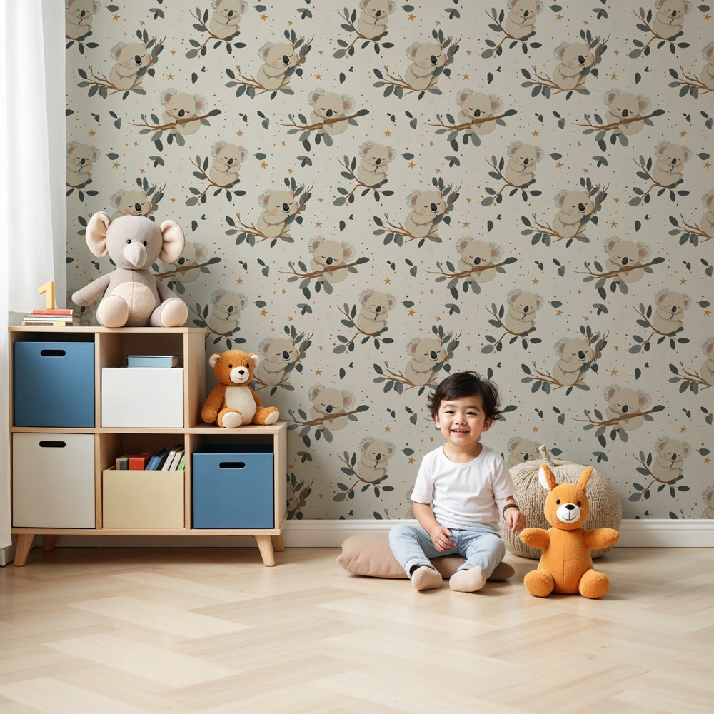 Koala mural wallpaper creating peaceful nursery atmosphere with beige tones by Kids-Mundo