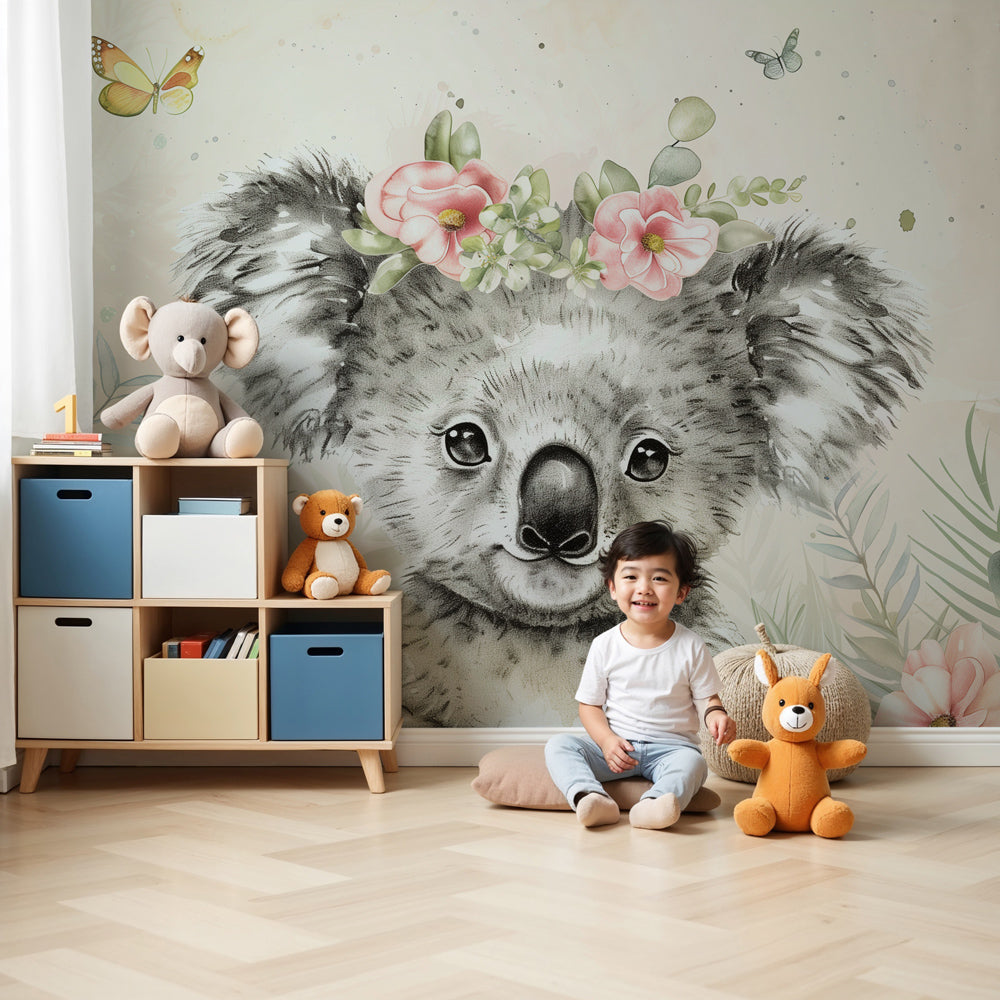 Happy koala mural wallpaper with pastel flowers in modern baby nursery by Kids-Mundo