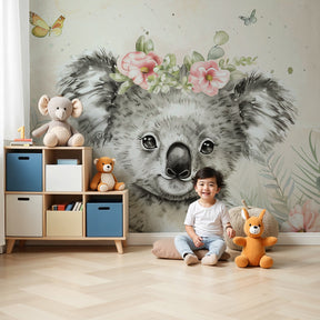 Happy koala mural wallpaper with pastel flowers in modern baby nursery by Kids-Mundo