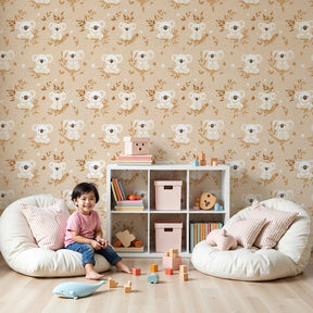 Koala mural wallpaper creating peaceful nursery decor with soft beige nature theme by Kids-Mundo